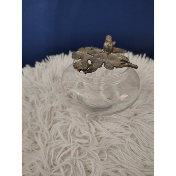 Vintage Metzke Pewter Dogwood Blossoms & Bird Glass Potpourri Trinket Dish - Picture 2 of 7